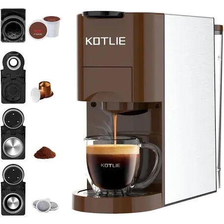 KOTLIE Single Serve Coffee Maker, 4 in1 Espresso Machine for Nespresso Original/K cups/L'OR/Ground Coffee/illy Coffee ESE, 19Bar Espresso Maker, 1450W Fast Heat Coffee Machine(Coffee)