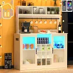 Vinctik 6&Fox White LED Buffets&Sideboards w/60000-color Lights,6FT Power Outlet,7 Hooks,9Bottle Rack,Adjustable Shelf for Tea Liquor Wine