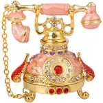 QIFU Vintage Small Pink Telephone Shaped Trinket Box with Rich Enamel and Sparkling Rhinestones Unique Gift for Family