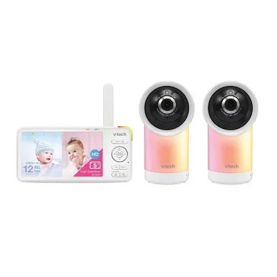 VTech RM5766-2HD RM57662HD Smart Wi-Fi 1080p 2-Camera 360°-Pan-and-Tilt Video Baby Monitor System with 5-in. Display, Night-Light, and Remote Access, White