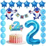 Shark 2nd Birthday Decorations for Boy- Blue Shark Two Banner, Cute Shark Helium Foil Balloon Number 2 Balloons, Shark Cake Topper 2nd Birthday