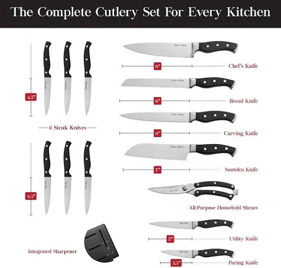 Master Maison 19-Piece Kitchen Knife Set with Wooden Block and Knife Sharpener - Stainless Steel Cutlery (Black)