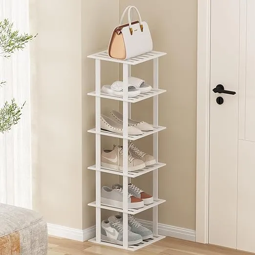 White Bamboo Shoe Rack for Small Spaces 6 Tier Tall Vertical Narrow Rack for Closet Stackable Shoe Holder, Stand for Entryway Storage Shoe Organizer S