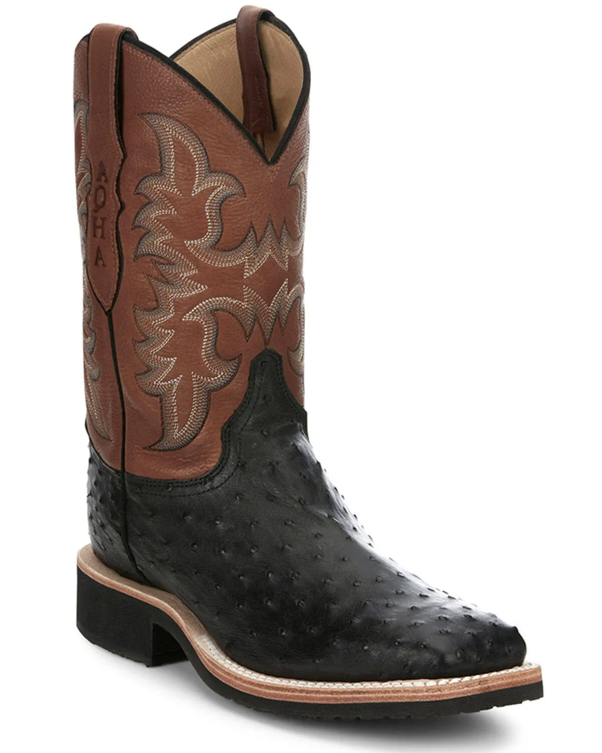 Justin Boot Company Men's AQHA Drover Black Full Quill Ostrich 11 In Oak Cowhide Top Crepe Sole Cowboy Boot