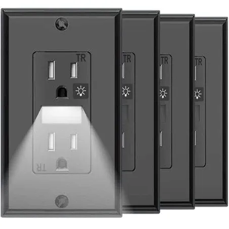 SOZULAMP Black Wall Outlet with Night Light,Decorator Electrical Tamper Resistant Receptacle,15 Amp 125Volt, Built-in Nightlight,Guide with Wallplate(4Pack,Glossy Black)