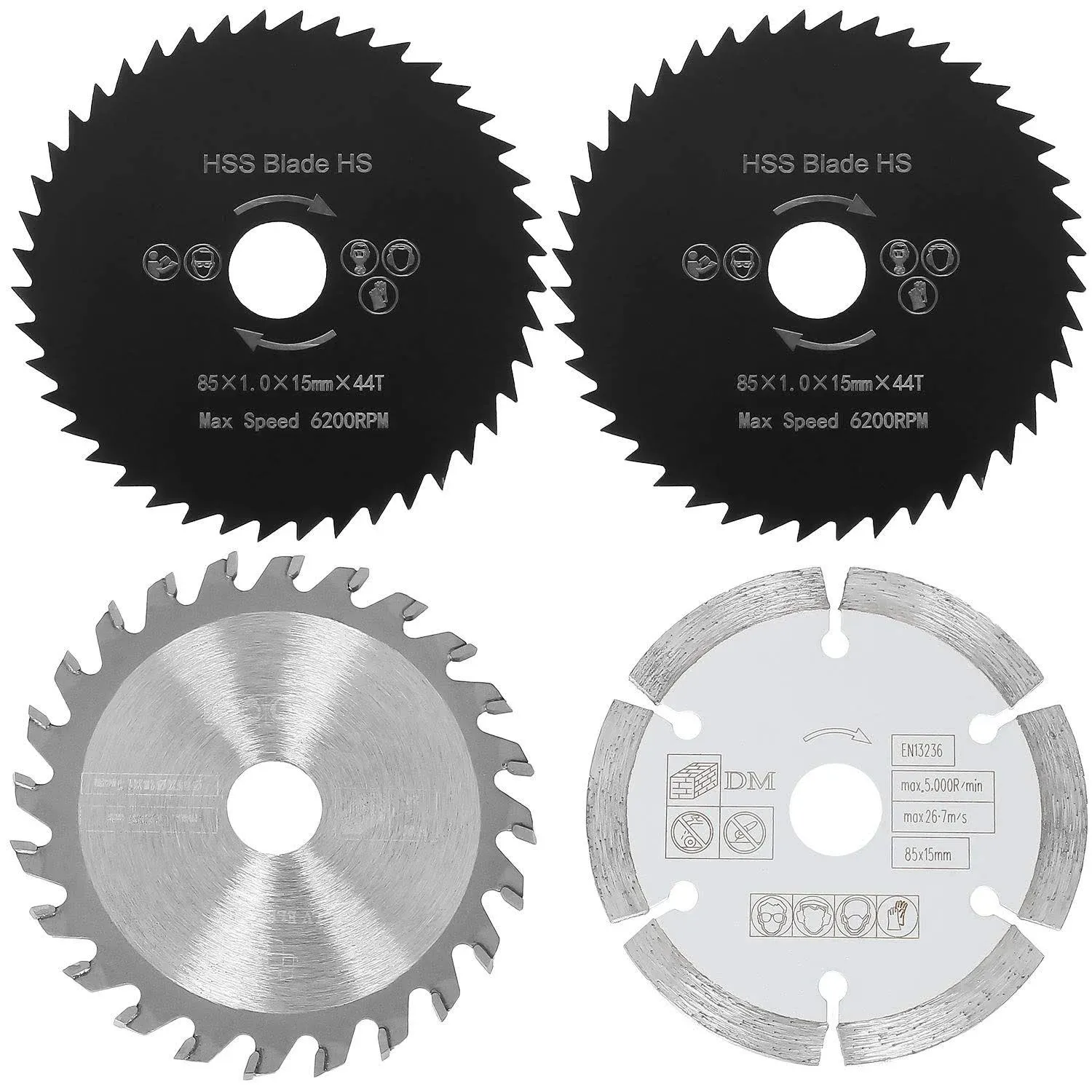 3-3/8 Inch Circular Saw Blade Set Diameter 85mm, 4-Pieces Metal Cutting Circular Saw, TCT/HSS/Diamond Saw Blades for Wood, Plastic, Metal, Tile Cutting, 3/5 Inch Arbor