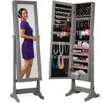 Best Choice Products Jewelry Armoire Cabinet, Full Length Mirror w/ Velvet Storage Interior, Lock - Gray Oak