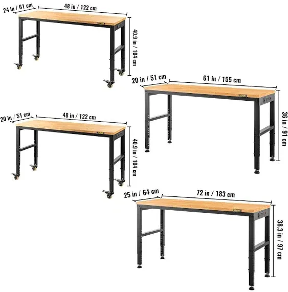 Adjustable Height Workbench Work Bench Table 48&#034;/53&#034;/61&#034;/72<wbr/>&#034; w/ Power Outlets