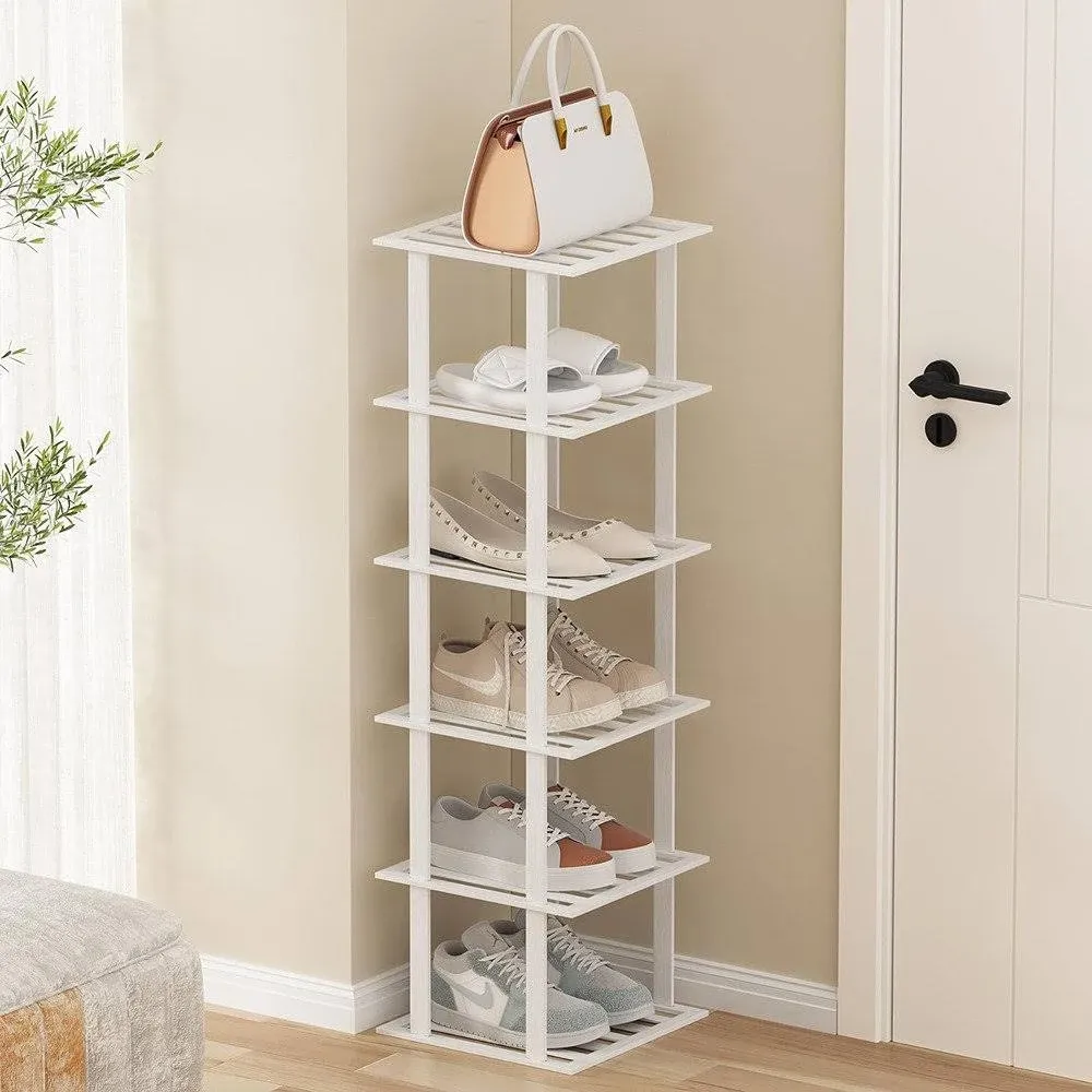 Hironpal White Bamboo Shoe Rack for Small Spaces 6 Tier Tall Vertical Narrow Rack for Closet Stackable Shoe Holder, Stand for Entryway Storage Shoe Organizer S