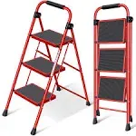 KINGRACK Step Ladder 3 Folding,3 with 3 Ladder, Red 