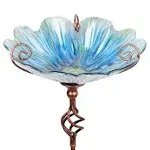  31 Inch Height Glass Birdbath Birdfeeder with Metal Stake Garden Yard Blue