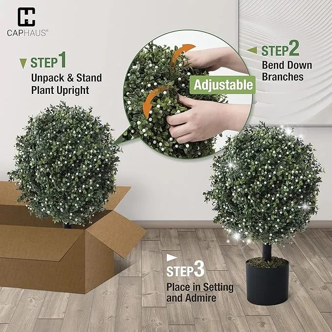 CAPHAUS Artificial Boxwood Topiary Ball Tree Set of 2, Artificial UV Resistant Bushes, Faux Potted Tree, Plant in Pot w/Dried Moss, Fake Shrubs for Indoor, Front Porch, Outdoor, w/Orange Flower