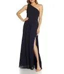 One-Shoulder Chiffon Long Gown In Midnight