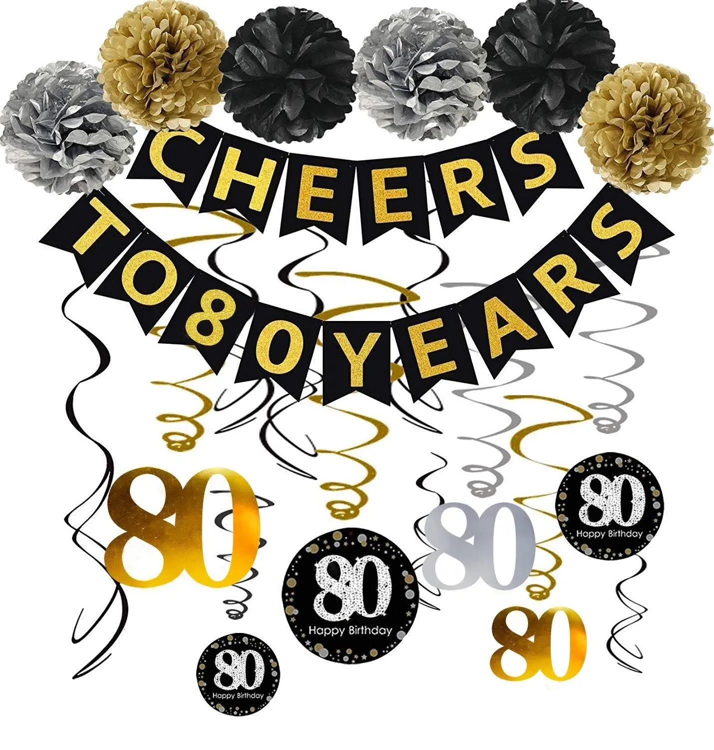 80th Birthday Party Decorations Kit - Gold Glittery Cheers to 80 Years Banner...