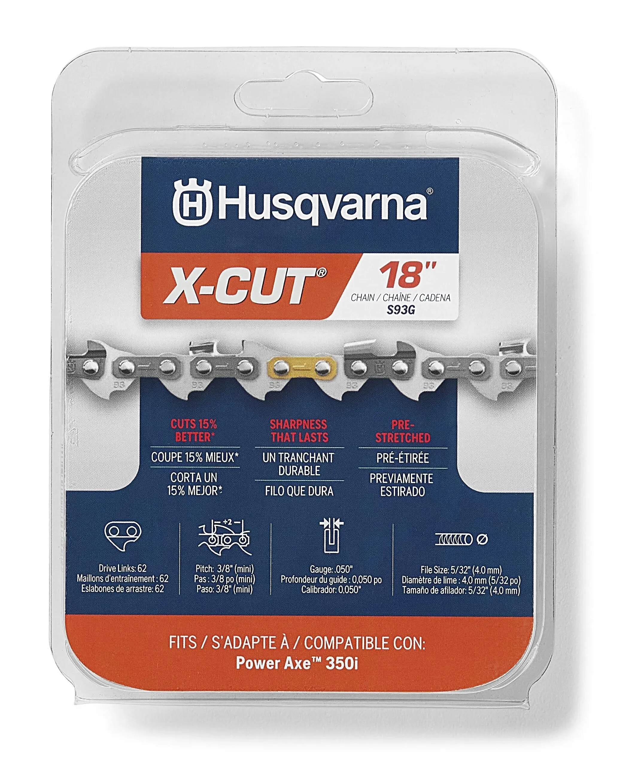 Husqvarna X-CUT S93G 3/8&#034; Pitch .050&#034; Gauge 62 Drive Links 18&#034; Chain - 597469562