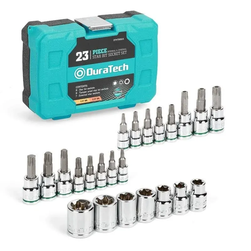 DuraTech 23-Piece Torx Bit Socket and External Torx Socket Set, 8 Star Sockets, 7 Female E-Torx Sockets, 8 Tamper Proof Torx Sockets with Storage