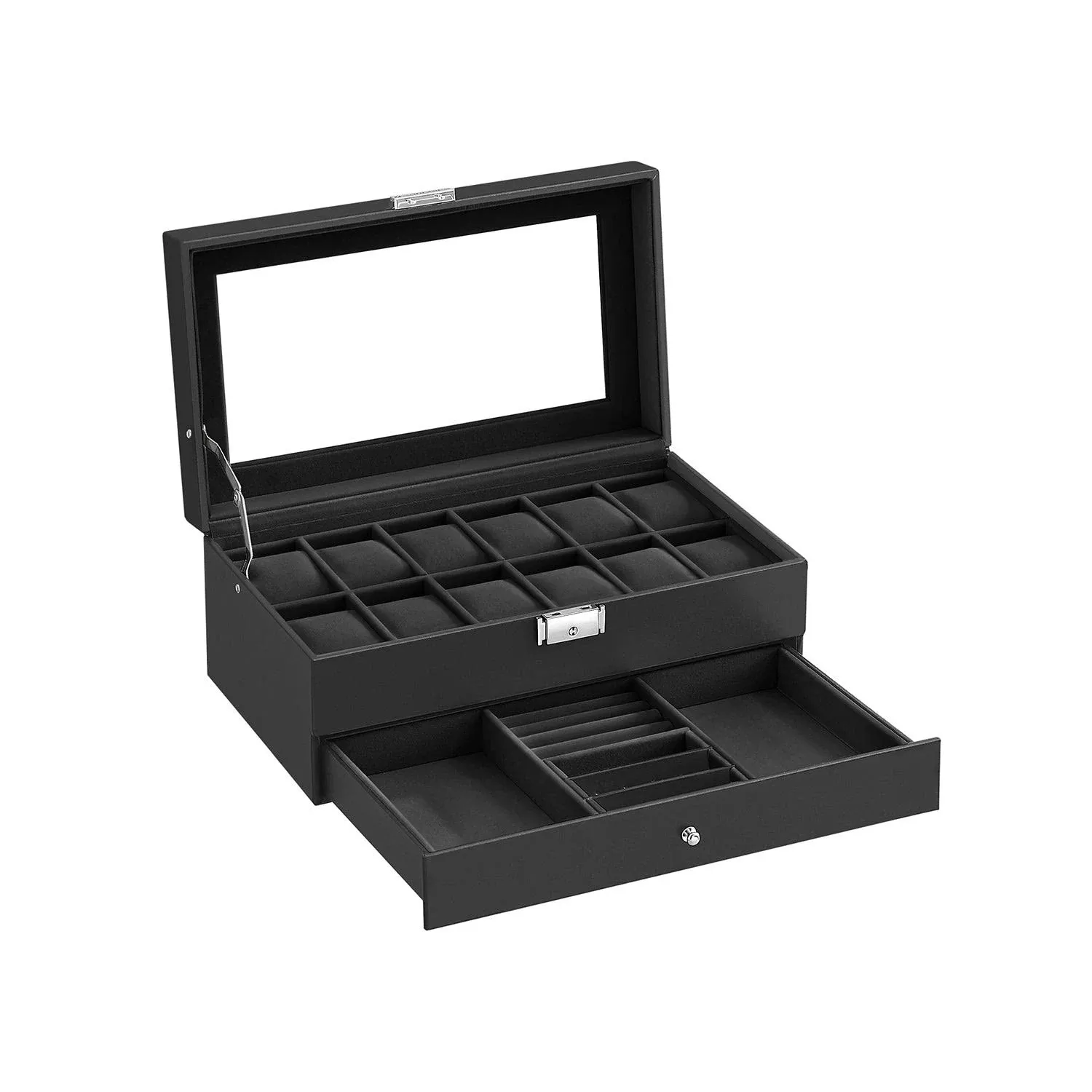 SONGMICS Lockable Watch Box with Glass Lid Black + Black / 12 Slot