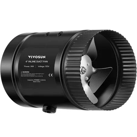 VIVOSUN Inline Booster Duct Fan 4” 100 CFM, HVAC Exhaust Ventilation Fan with Low Noise for Basements, Bathrooms, Kitchens, Attics, Grow Tents, Black