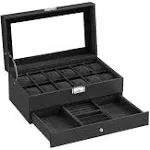 SONGMICS Lockable Watch Box with Glass Lid Black + Black / 12 Slot