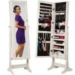 Best Choice Products Jewelry Armoire Cabinet, Full Length Mirror w/ Velvet Storage Interior, Lock - Coastal White