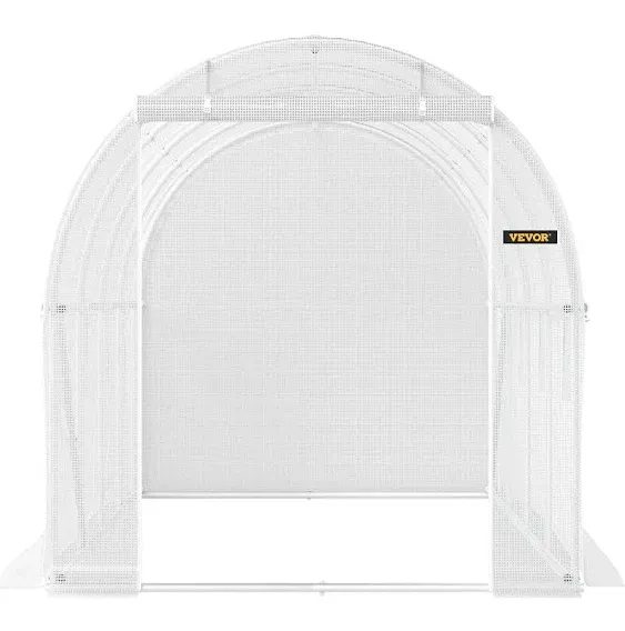 VEVOR 15 x 7 x 7 ft Walk-in Tunnel Greenhouse, Portable Plant Hot House w/ Galvanized Steel Hoops, 1 Top Beam, Diagonal Poles, Zippered Door & 8 Roll-up Windows, White