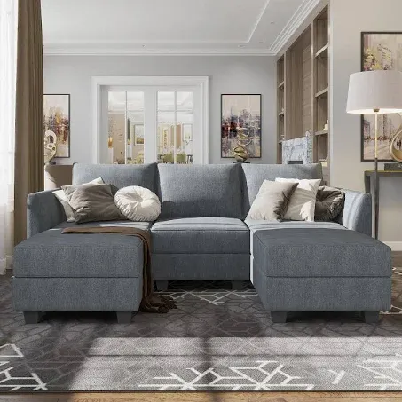 HONBAY Modular Sectional Sofa with Reversible Chaises Modular Sofa with Ottoman U Shaped Sectional Couch for Living Room, Bluish Grey