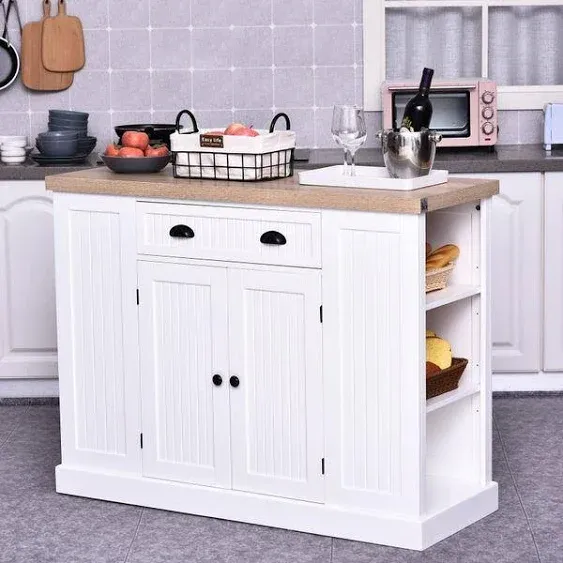 HOMCOM Fluted-Style Wooden Kitchen Island, Storage Cabinet w/Drawer, Open Shelving, and Interior Shelving for Dining Room, White