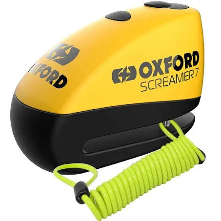 Oxford Security Screamer 7 Alarm Disc Lock Yellow/Black LK290 with 1.5M Reminder Cable For Motorcycle Motorbike Security