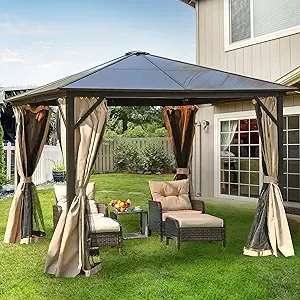 YITAHOME 10x10 Hardtop Gazebo Outdoor Polycarbonate Canopy with Netting and Shaded Curtains, Aluminum Frame Garden Tent for Patio, Backyard, Deck and Lawns Brown