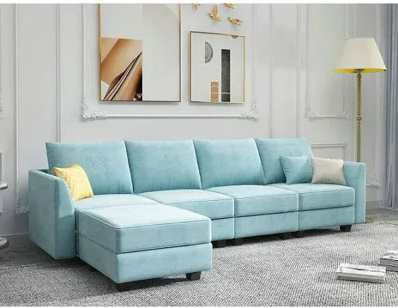 HONBAY Reversible Sectional Sofa L Shaped Convertible Couch with Storage, Aqua Blue