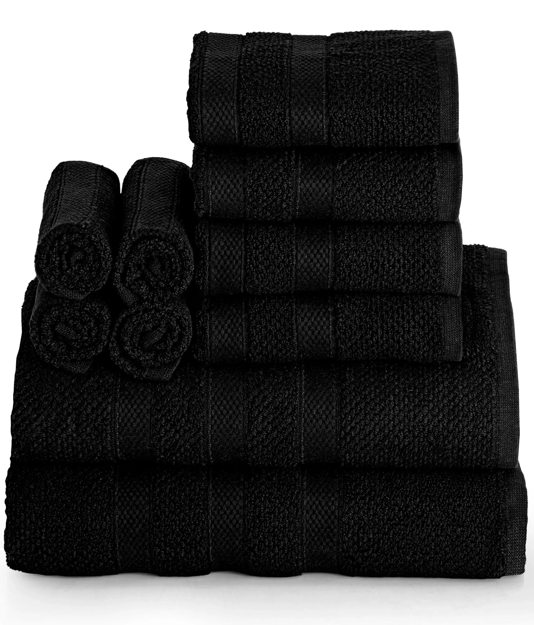 COTTON CRAFT Popcorn Towel Set - Luxurious 10 Piece Towel Set - 100% Cotton - Soft Absorbent 600 GSM Bathroom Towels - 2 Large Bath Towel 4 Hand Towel 4 Wash Cloth - Hotel Spa Shower Pool Dorm - Black