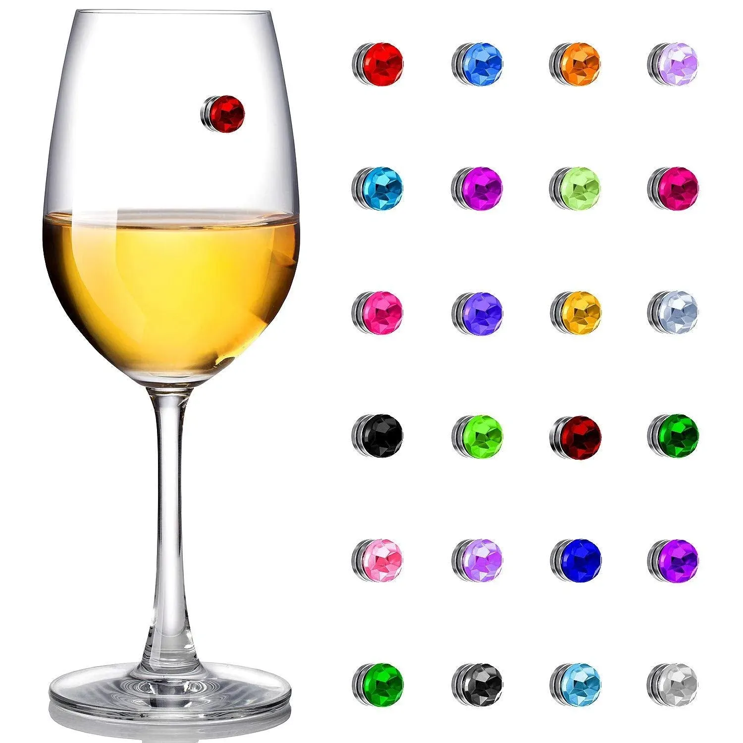 Maitys 24 Pieces Wine Glass Charms Crystal Magnetic Drink Markers for Wine Glass Champagne Flutes Cocktails Martinis, Colorful