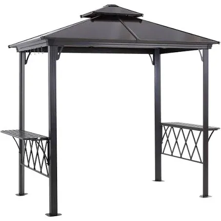 Outsunny 9' x 5' Grill Gazebo, Hardtop BBQ Gazebo Canopy with 2-Tier Polycarbonate Roof, Shelves Serving Tables and Hooks, for Backyard Patio Lawn