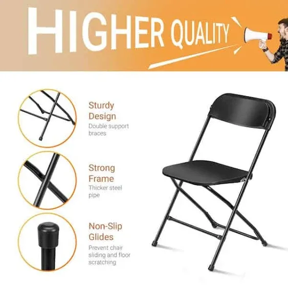 Black Plastic Folding Chairs, Indoor Outdoor Portable Stackable Commercial Seat with Steel Frame 350lbs, Set of 6