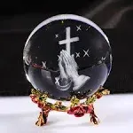 Ornalrist 60MM Crystal Ball Engraved 3D Hand Holding A Cross Figurine with Rose Stand Praying Religious Gifts for Women