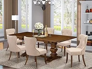 A Kitchen Dining Table Set Of 6 Great Parson Chairs With Linen Fabric Linen Tan Color And An Attractive Rectangular Pedestal Kitchen Table With Antique Walnut By East West Furniture