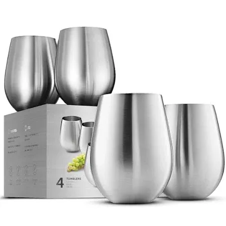 Finedine Stainless Steel Shatter Proof 4 Tumblers Wine Glasses 18oz.