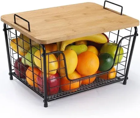 Fruit Basket,Stackable Countertop Organizer, Wire Basket Storage with Bamboo Top Lid, Veggie Basket for Counter, Onion Potato Snack Bread Holder