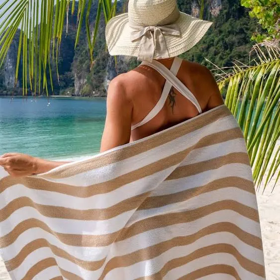 Monarch Brands Cali Cabana 30" x 60" Beige Stripes Ring-Spun 100% Cotton Pool Towel - 10.75 lb. - 4/Pack