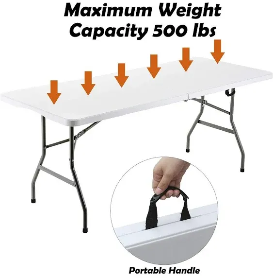 Forup 6ft Table Folding Utility Table Fold-in-Half Portable Plastic Picnic Party Dining Camp Table (White)