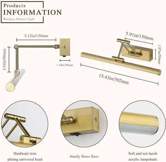 Joossnwell Wireless Picture Light Battery Operated with Remote LED Art Lights for Paintings Rechargeable Dimmable and Timer 15.5" Brass Picture
