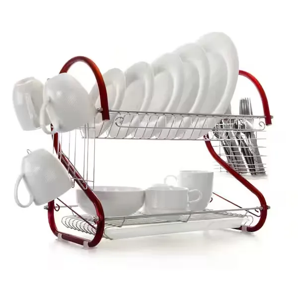 MegaChef 16 in. 2-Tier Red Chrome Plated Standing Dish Rack 985112244M