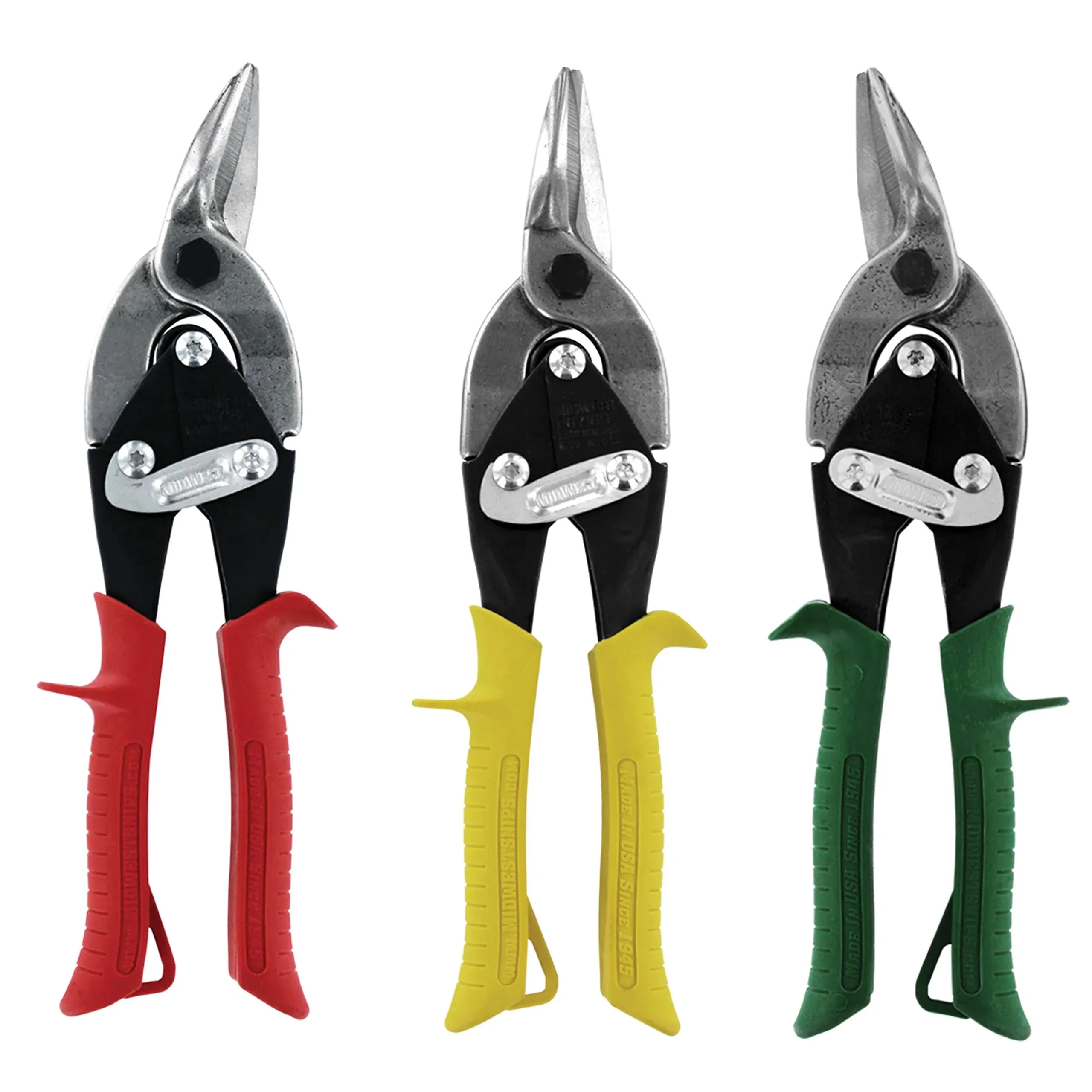 MIDWEST Aviation Snip Set - Left, Right and Straight Cut Regular Tin Cutting Shears with Forged Blade & KUSH'N-POWER Comfort Grips - MW-P6716RLS