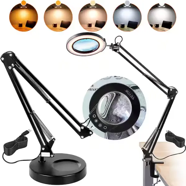 VEVOR Magnifying Glass with Light and Stand, 5X Magnifying Lamp, 4.3" Glass Lens, Base and Clamp 2-in-1 Desk Magnifier with Light, 64 LED Lights 5