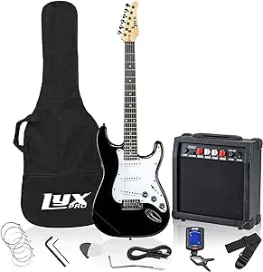 LyxPro 39 inch Electric Guitar Kit Bundle with 20w Amplifier, All Accessories, Digital Clip On Tuner, Six Strings, Two Picks, Tremolo Bar, Shoulder Strap, Case Bag Starter kit Full Size - Red