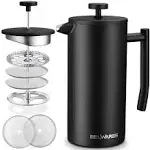 Belwares French Press Coffee Maker, Double Wall Stainless Steel with Extra Filters, 50 oz Black