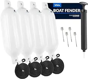 Five Oceans Boat Fenders, 4 Pack Marine Inflatable 4.5 x 16 inch, White