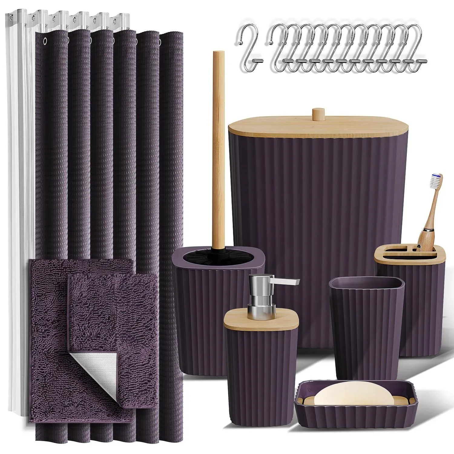 Clara Clark Bathroom Accessories Set - Purple Bathroom Set, Bathroom Sets with Shower Curtain and Rugs, 22pc Shower Curtain Set with Trash Can