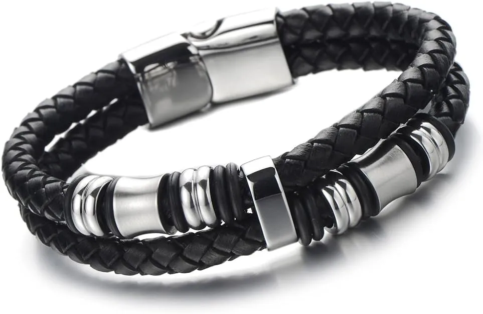 COOLSTEELANDBEYOND Mens Double-Row Braided Leather Bracelet Bangle Wristband with Stainless Steel Ornaments