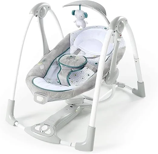 Ingenuity ConvertMe 2-in-1 Compact Portable Automatic Baby Swing & Infant Seat, Battery-Powered Vibrations, Nature Sounds, 0-9 Months 6-20 lbs (Nash)